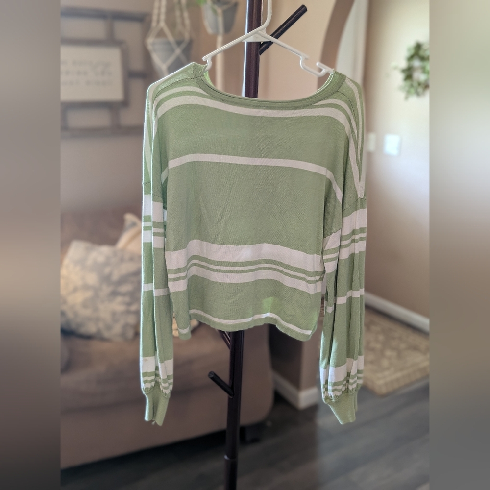 Light Green Striped Women's Sweater - Relaxed Fit - Picture 2 of 4